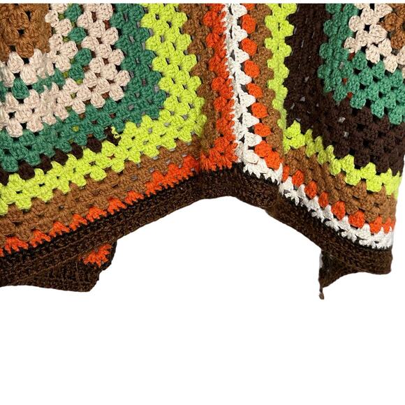 Hand Crochet Hexagon Green Brown 70's Style Crop Cardigan 3/4/ Sleeve Medium - Picture 8 of 9
